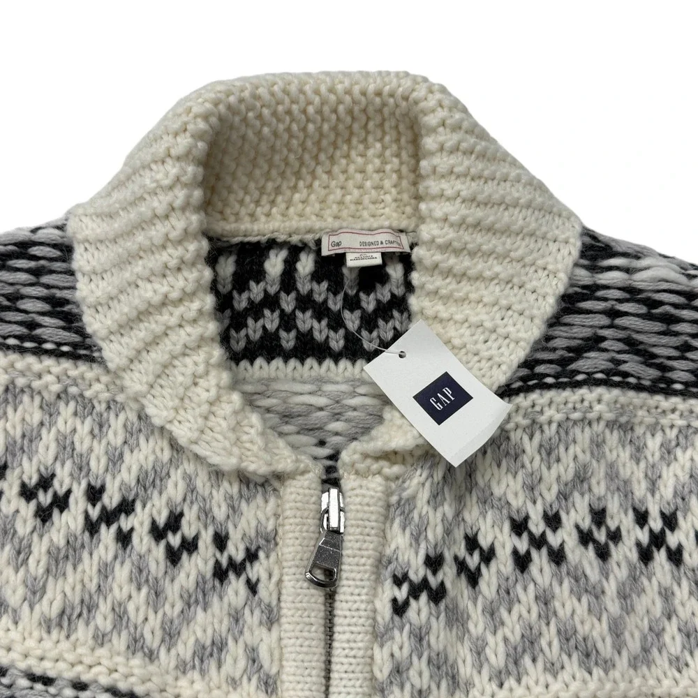 Gap Womens Fair Isle Zip Up Cardigan Wool Alpaca Blend Shawl Collar Cream M Tall